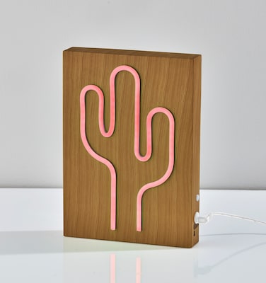 Simplee Adesso LED Wood Framed Neon Cactus Table/Wall Lamp, 9"H, Brown/Multi-Color (SL3721-12)