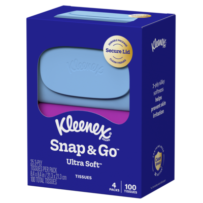 Kleenex Snap & Go Ultra Soft Facial Tissue, 3-ply, 25 Tissues/Box, 4 Boxes/Pack (58278)