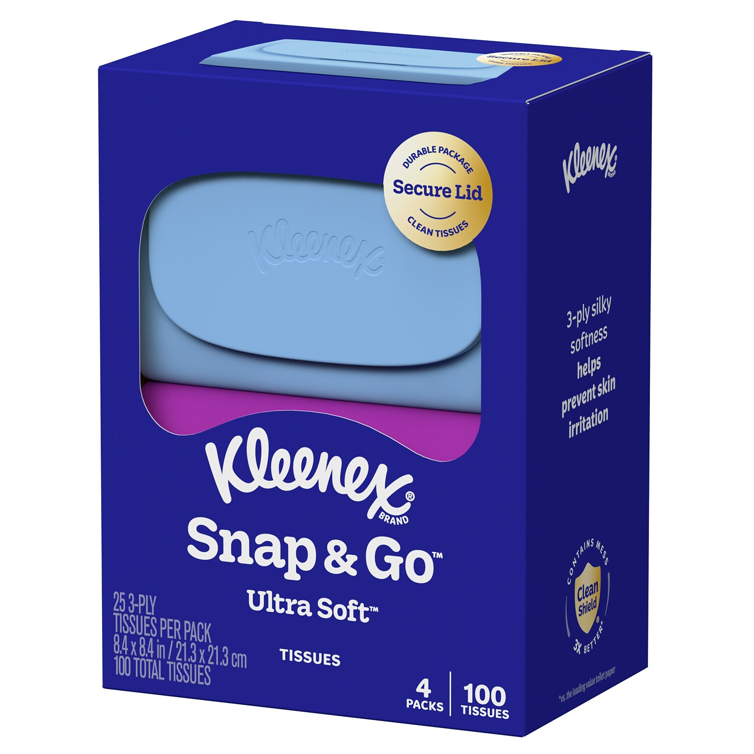 Kleenex Snap & Go Ultra Soft Facial Tissue, 3-ply, 25 Tissues/Box, 4 Boxes/Pack (58278)
