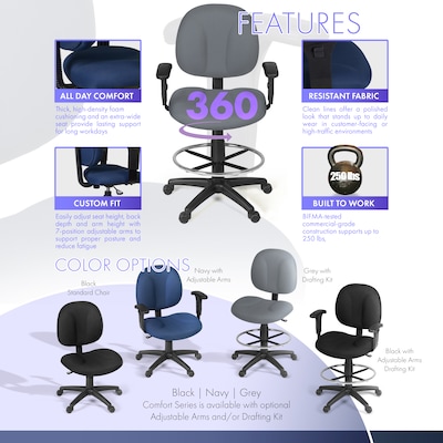 Regency Comfort Series Fabric Drafting Chair with Footrest and Lumbar Support, Grey (105-AA-DK-GY)