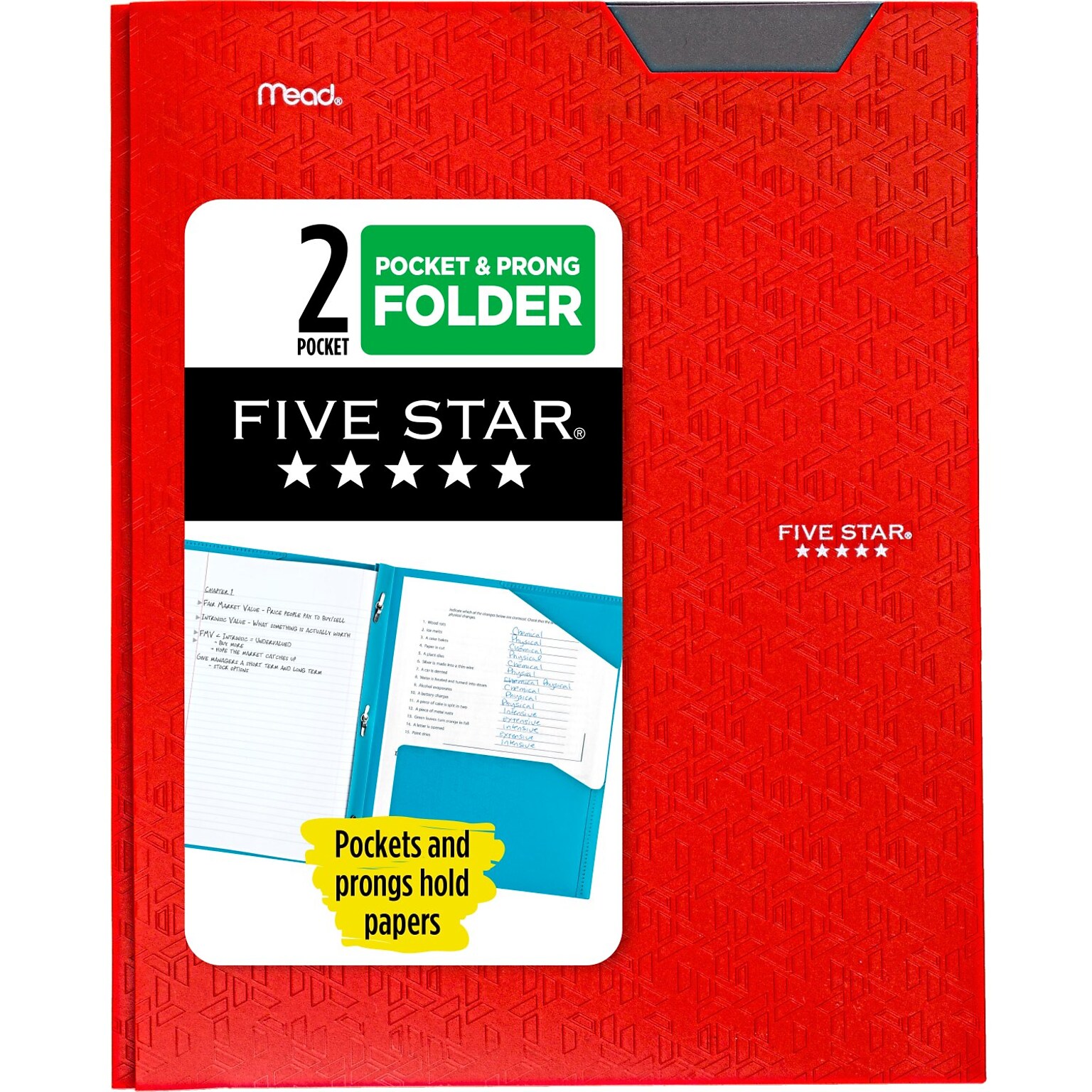 Five Star Stay-Put Pocket and Prong Folder, Fire Red (340300D)