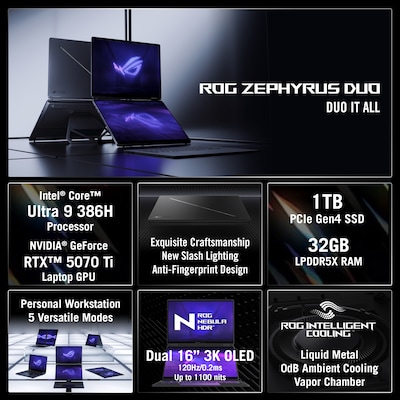 ASUS ROG Zephyrus Duo 16 Gaming Laptop, NVIDIA GeForce RTX 5070Ti, Intel Core Ultra 9 386H (2026), 32GB RAM, 1TB SSD, Win 11