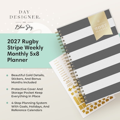 2027 Blue Sky Day Designer 5" x 8" Weekly & Monthly Planner, Rugby Stripe Black (163808)