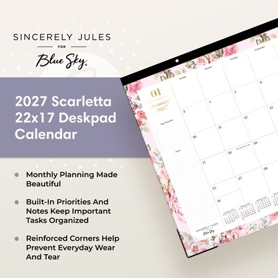 2027 Blue Sky Sincerely Jules 17" x 22" Monthly Desk Calendar, Pink (164256)