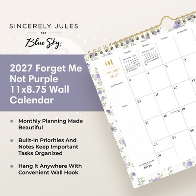 2027 Blue Sky Sincerely Jules 11" x 8.75" Monthly Wall Calendar, White/Purple (164257)