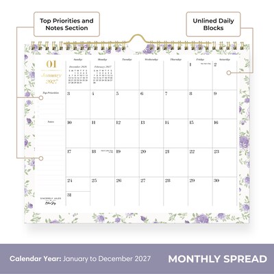 2027 Blue Sky Sincerely Jules 11" x 8.75" Monthly Wall Calendar, White/Purple (164257)