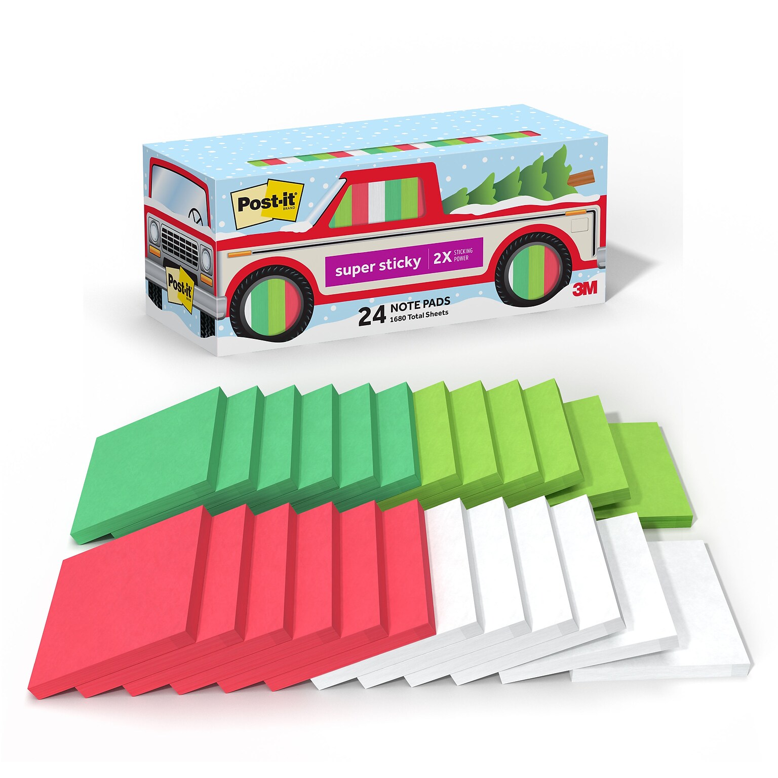 Post-it Super Sticky Notes, 3 x 3, Holiday Truck Theme, Assorted Colors, 70 Sheets/Pad, 24 Pads/Pack (654-24SSTRUCK)