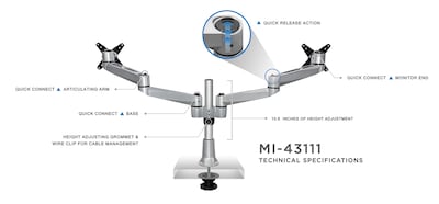 Mount-It! Modular Desk Mount Adjustable Monitor Arm, Up to 24" Monitors, Gray/Silver (MI-43111)
