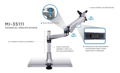 Mount-It! Modular Desk Mount Adjustable Monitor Arm, Up to 24 Monitors, Gray/Silver (MI-35111)