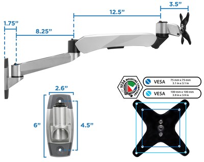 Mount-It! Modular Mount Adjustable Monitor Arm, Up to 32" Monitors, Gray/Silver (MI-35114)