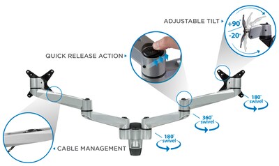 Mount-It! Modular Dual Adjustable Monitor Arms, Up to 30" Monitors, Gray/Silver (MI-43114)