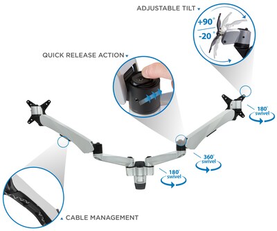 Mount-It! Modular Dual Adjustable Monitor Arms, Up to 30" Monitors, Gray/Silver (MI-45114)