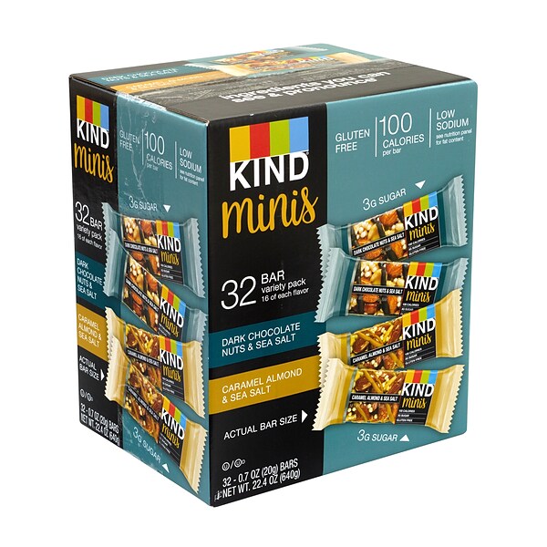 KIND Minis Dark Chocolate Nuts & Sea Salt and Caramel Almond & Sea Salt Variety, 0.7 oz, 32 Count (220-00799)