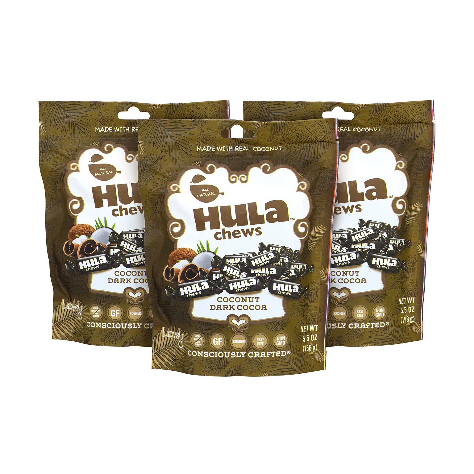LOVELY All-Natural Hula Chews Coconut Dark Cocoa Candy, 5.5 oz, 3 Pack (256-00010)