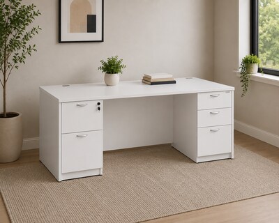 Boss Office Products 66"W Double-Pedestal Office Desk, White (GROUPA22-WT)