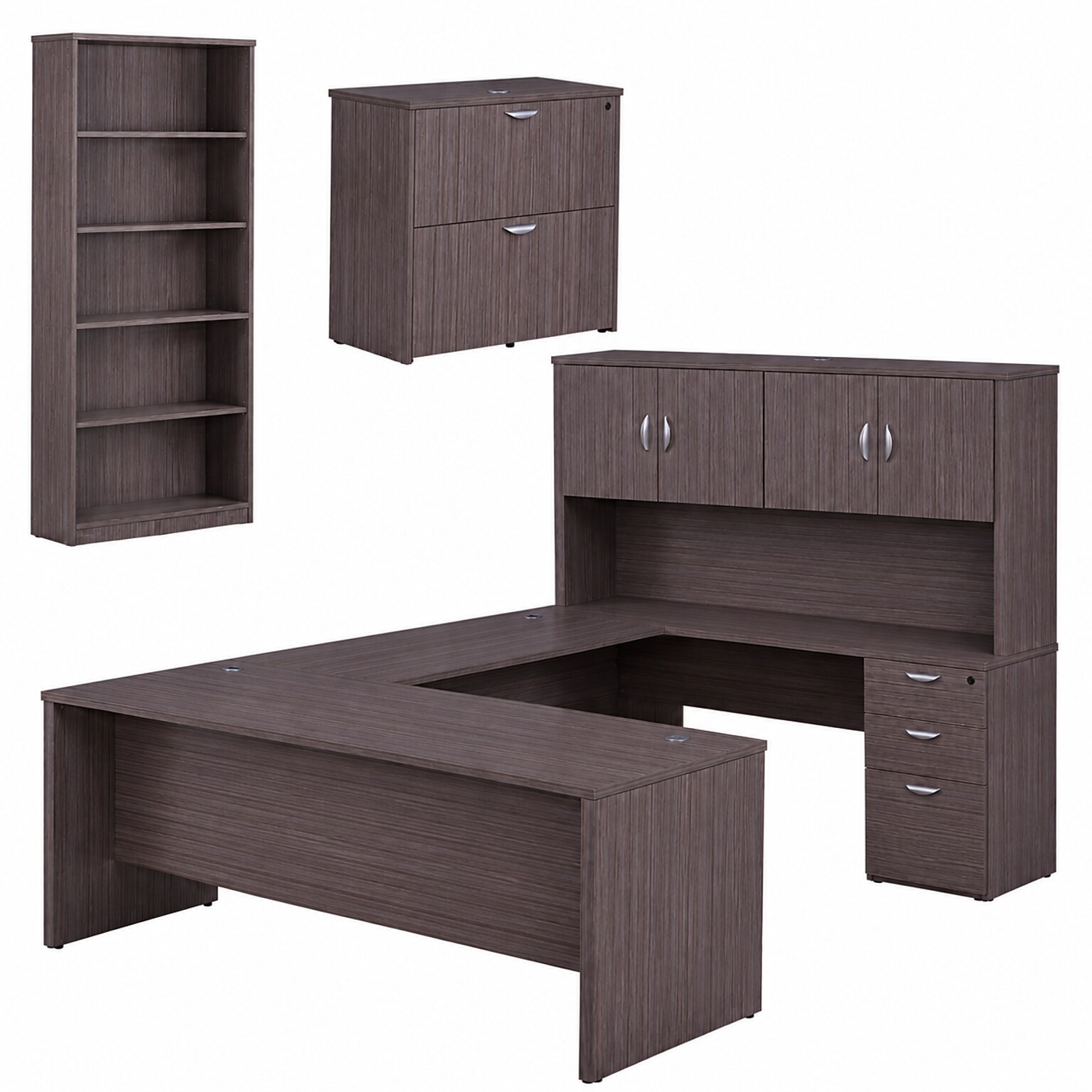 Boss Office Products U-Shaped Desk with Hutch, File Cabinet, and Bookcase, Driftwood (GROUPA28-DW)