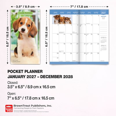2027-2028 BrownTrout I Love Puppies 3.5" x 6.5" Monthly Planner (9798330710232)