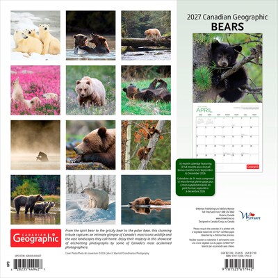 2027 BrownTrout Canadian Geographic Bears 12 x 12 Monthly Wall Calendar (9781525617942)