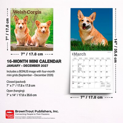 2027 BrownTrout Welsh Corgis 7" x 7" Monthly Wall Calendar (9798330710102)