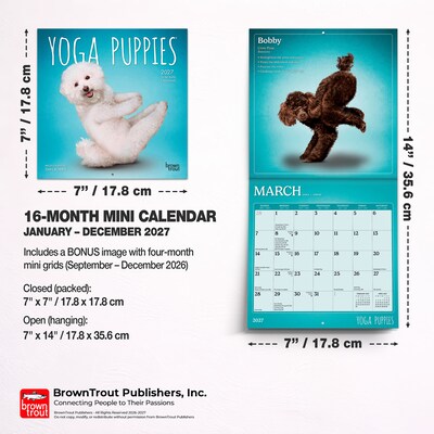 2027 BrownTrout Yoga Puppies 7" x 7" Monthly Wall Calendar (9798330713578)