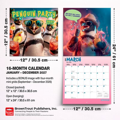 2027 BrownTrout Penguin Party 12" x 12" Monthly Wall Calendar (9798330714728)