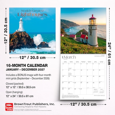 2027 BrownTrout World's Greatest Lighthouses 12" x 12" Monthly Wall Calendar (9798330710348)