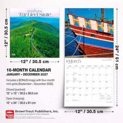 2027 BrownTrout North Carolina Places 12" x 12" Monthly Wall Calendar (9798330710881)