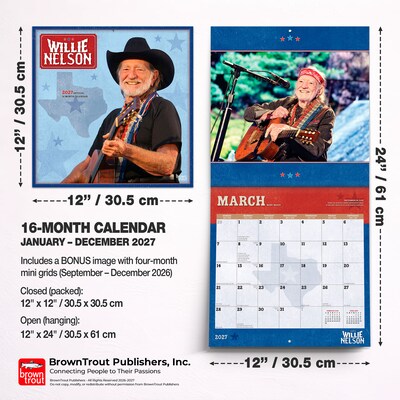 2027 BrownTrout Willie Nelson 12" x 12" Monthly Wall Calendar (9798330713486)