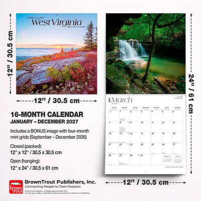 2027 BrownTrout West Virginia Wild & Scenic 12" x 12" Monthly Wall Calendar (9798330710973)