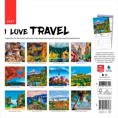 2027 BrownTrout I Love Travel 12 x 12 Monthly Wall Calendar (9347301107238)