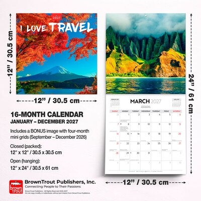 2027 BrownTrout I Love Travel 12" x 12" Monthly Wall Calendar (9347301107238)