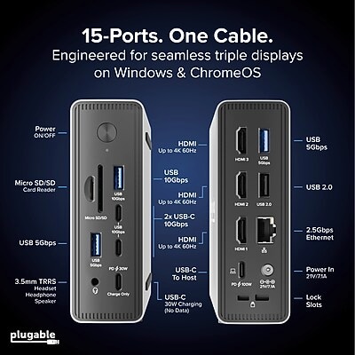 Plugable 15-in-1 USB-C MST Triple Display Docking Station with 2.5Gbps Ethernet and 100W Charging (UD-MSTH3)