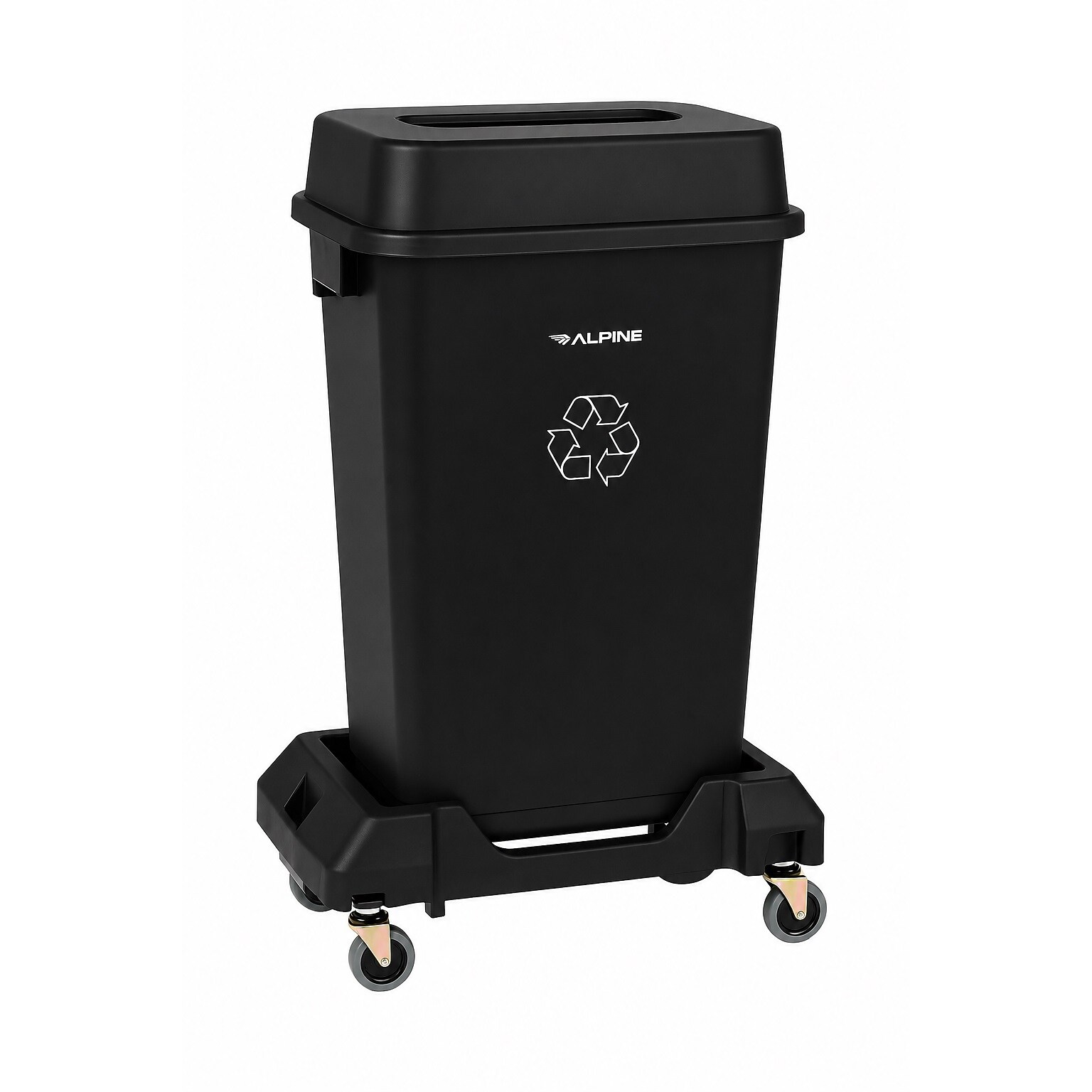 Alpine Industries Plastic Trash Can with Lid and Dolly, 23 Gallon, Black (ALP477-BLK1-PKD)