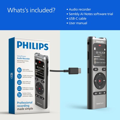 Philips VoiceTracer Series Digital Voice Recorder, 8GB, Silver (DVT2075)