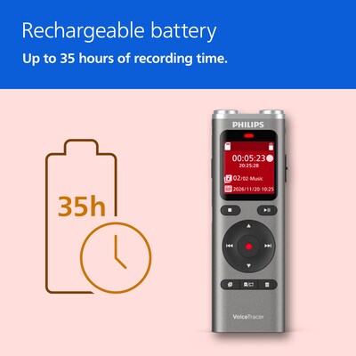 Philips VoiceTracer Series Digital Voice Recorder, 8GB, Silver (DVT2075)