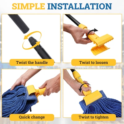 BISON LIFE 61" Extendable Jaw Clamp Wet Mop Handle, Black/Yellow, 6/Pack (BPHD-EXH-JC-BK-1-6A)