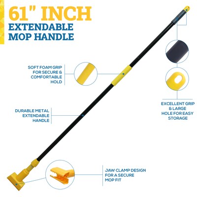 BISON LIFE 61" Extendable Jaw Clamp Wet Mop Handle, Black/Yellow, 6/Pack (BPHD-EXH-JC-BK-1-6A)