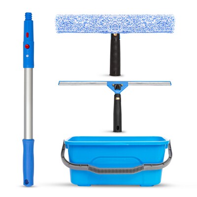 Gritt Commercial Pro Window Cleaning Squeegee Kit with Washer and 3-Gallon Bucket, Blue/Silver, 4 Piece/Kit (GRI138B)