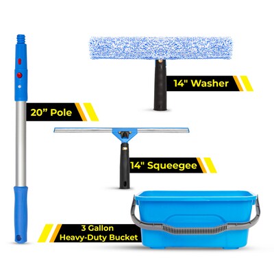 Gritt Commercial Pro Window Cleaning Squeegee Kit with Washer and 3-Gallon Bucket, Blue/Silver, 4 Piece/Kit (GRI138B)