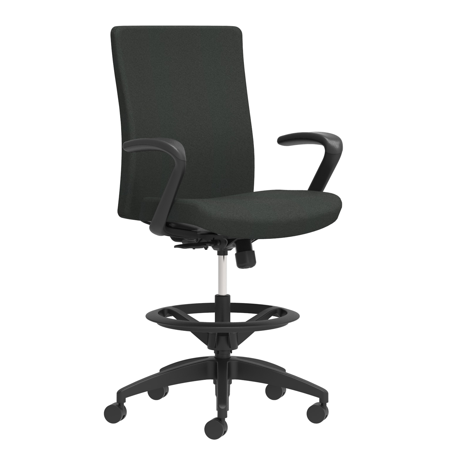 Union & Scale Workplace2.0™ Stool Upholstered, Fixed Arms, Iron Ore Fabric, Limited Synchro Tilt (54221)