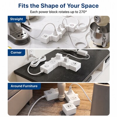 Uncaged Ergonomics Flexible 5' Extension Cord, 3-Outlet, USB-C/A Port, 14 AWG, White, 2/Pack (2xFPS-White)