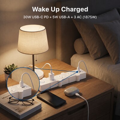 Uncaged Ergonomics Flexible 5' Extension Cord, 3-Outlet, USB-C/A Port, 14 AWG, White, 2/Pack (2xFPS-White)