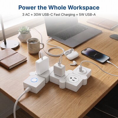 Uncaged Ergonomics Flexible 5' Extension Cord, 3-Outlet, USB-C/A Port, 14 AWG, White, 2/Pack (2xFPS-White)