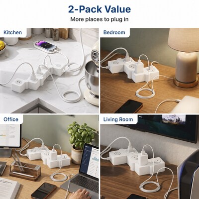 Uncaged Ergonomics Flexible 5' Extension Cord, 3-Outlet, USB-C/A Port, 14 AWG, White, 2/Pack (2xFPS-White)