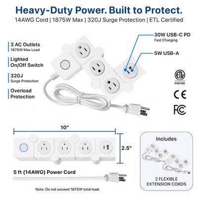 Uncaged Ergonomics Flexible 5' Extension Cord, 3-Outlet, USB-C/A Port, 14 AWG, White, 2/Pack (2xFPS-White)