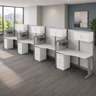 Regency Instant Office 63H x 258W 4 Person In-Line Cubicle Panel Workstation with Storage, Pure White (IO36192-STGK-4P)