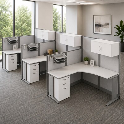 Regency Instant Office 63H x 193W 3 Person L-Shaped Cubicle Workstation with Storage, Pure White (IO006WH)