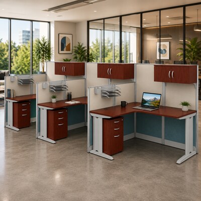 Regency Instant Office 63H x 193W 3 Person L-Shaped Cubicle Workstation with Storage, Cherry (IO006HC)