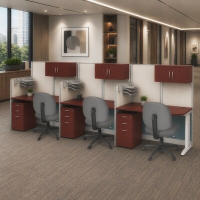 Regency Instant Office 63H x 193W 3 Person In-Line Cubicle Workstation with Storage, Hansen Cherry (IO36492-STGK-3P)