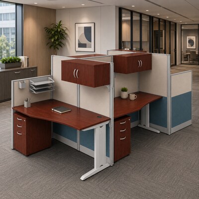 Regency Instant Office 63H x 258W 4 Person In-Line Cubicle Panel Workstation with Storage, Hansen Cherry (IO36492-STGK-4P)
